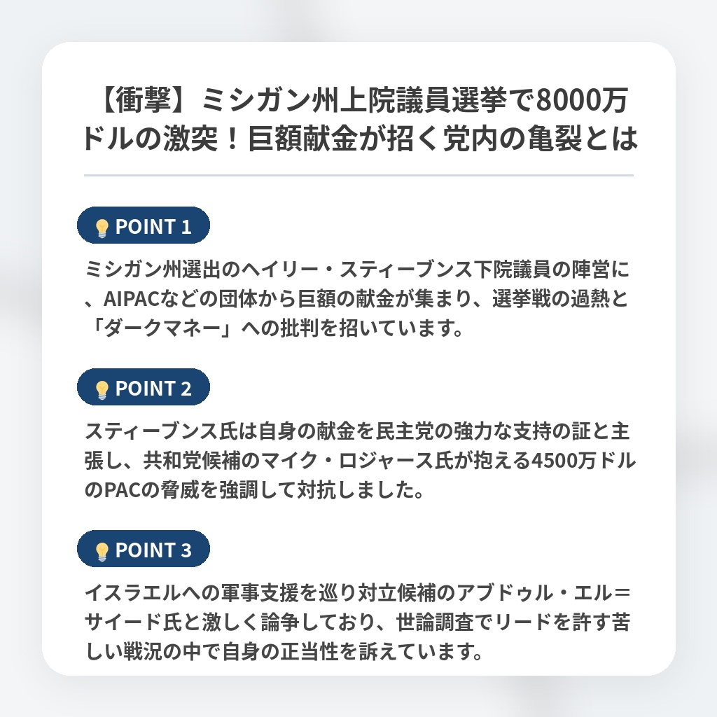 【衝撃】ミシガン州上院議員選挙で8000万ドルの激突!巨額献金が招く党内の亀裂とはの注目ポイントまとめ