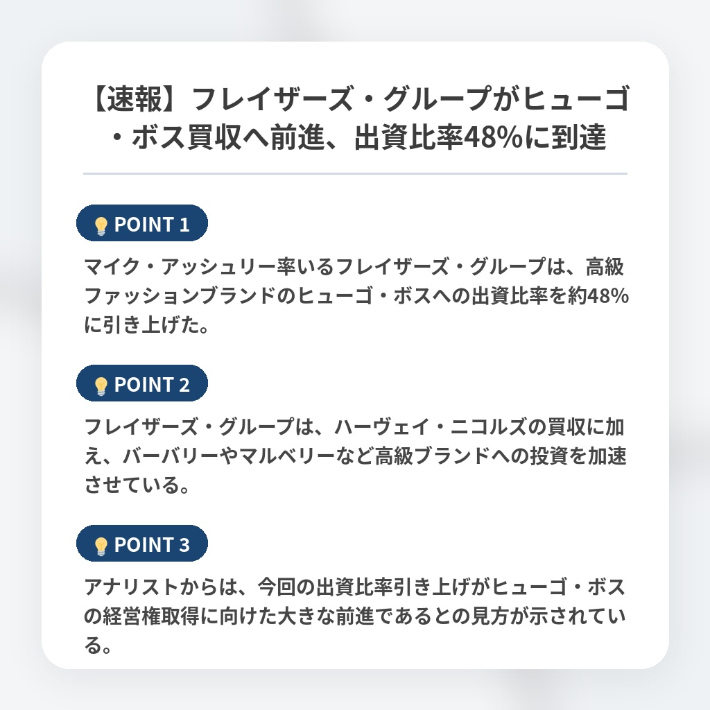 【速報】フレイザーズ・グループがヒューゴ・ボス買収へ前進、出資比率48%に到達の注目ポイントまとめ