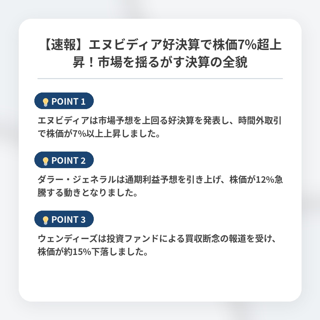 【速報】エヌビディア好決算で株価7%超上昇！市場を揺るがす決算の全貌の注目ポイントまとめ