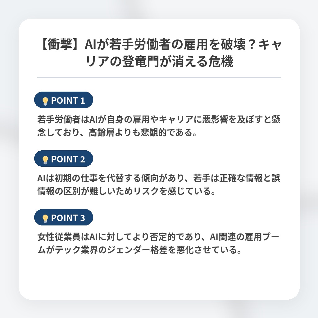 【衝撃】AIが若手労働者の雇用を破壊？キャリアの登竜門が消える危機の注目ポイントまとめ