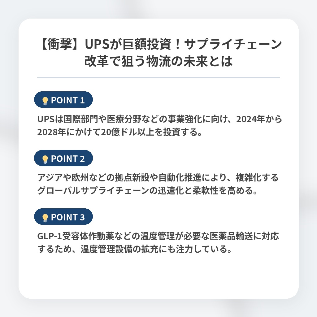 【衝撃】UPSが巨額投資！サプライチェーン改革で狙う物流の未来とはの注目ポイントまとめ