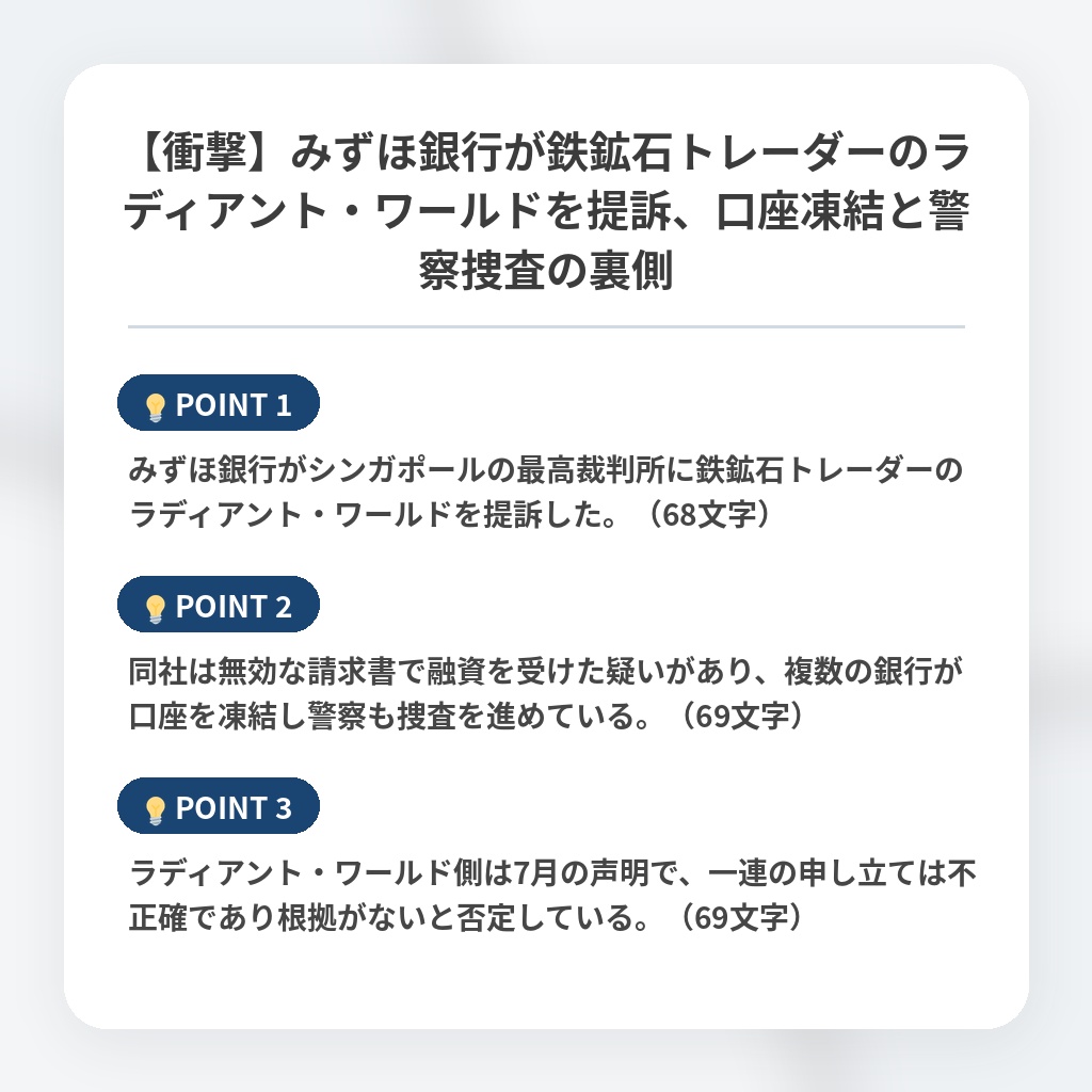 【衝撃】みずほ銀行が鉄鉱石トレーダーのラディアント・ワールドを提訴、口座凍結と警察捜査の裏側の注目ポイントまとめ