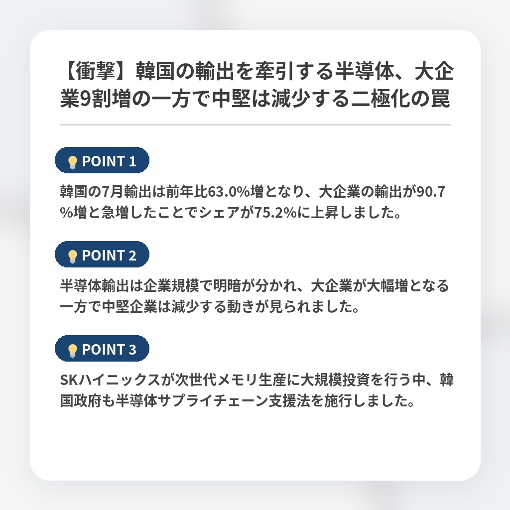 【衝撃】韓国の輸出を牽引する半導体、大企業9割増の一方で中堅は減少する二極化の罠の注目ポイントまとめ