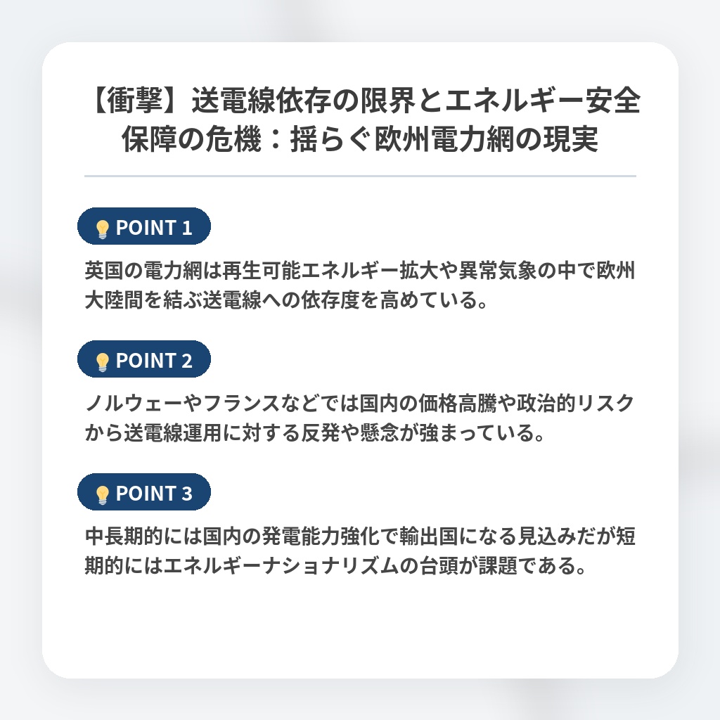 【衝撃】送電線依存の限界とエネルギー安全保障の危機：揺らぐ欧州電力網の現実の注目ポイントまとめ