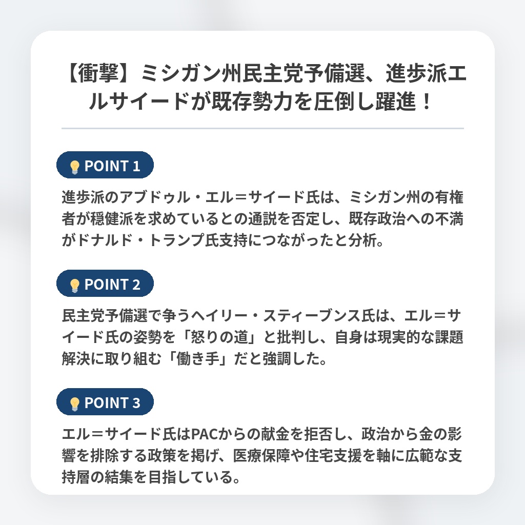 【衝撃】ミシガン州民主党予備選、進歩派エルサイードが既存勢力を圧倒し躍進！の注目ポイントまとめ