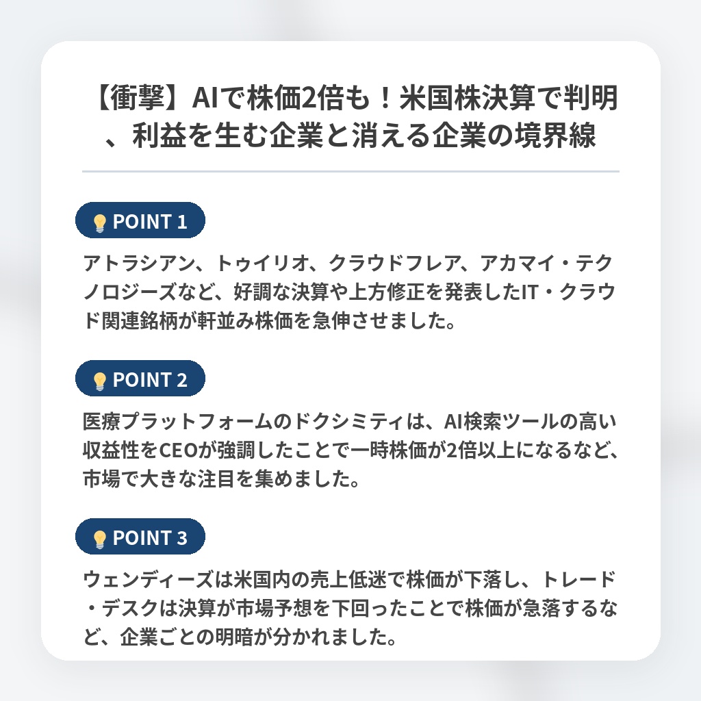 【衝撃】AIで株価2倍も！米国株決算で判明、利益を生む企業と消える企業の境界線の注目ポイントまとめ