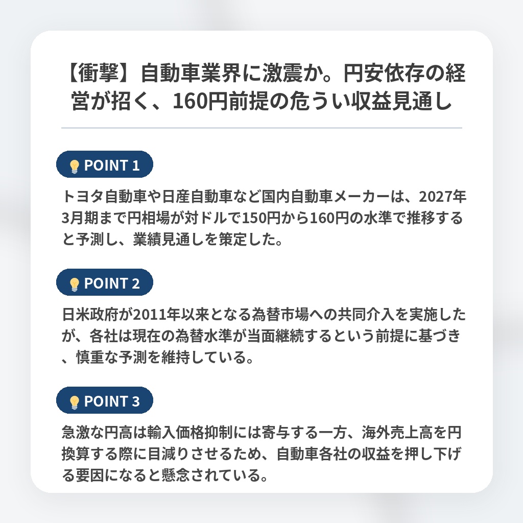 【衝撃】自動車業界に激震か。円安依存の経営が招く、160円前提の危うい収益見通しの注目ポイントまとめ
