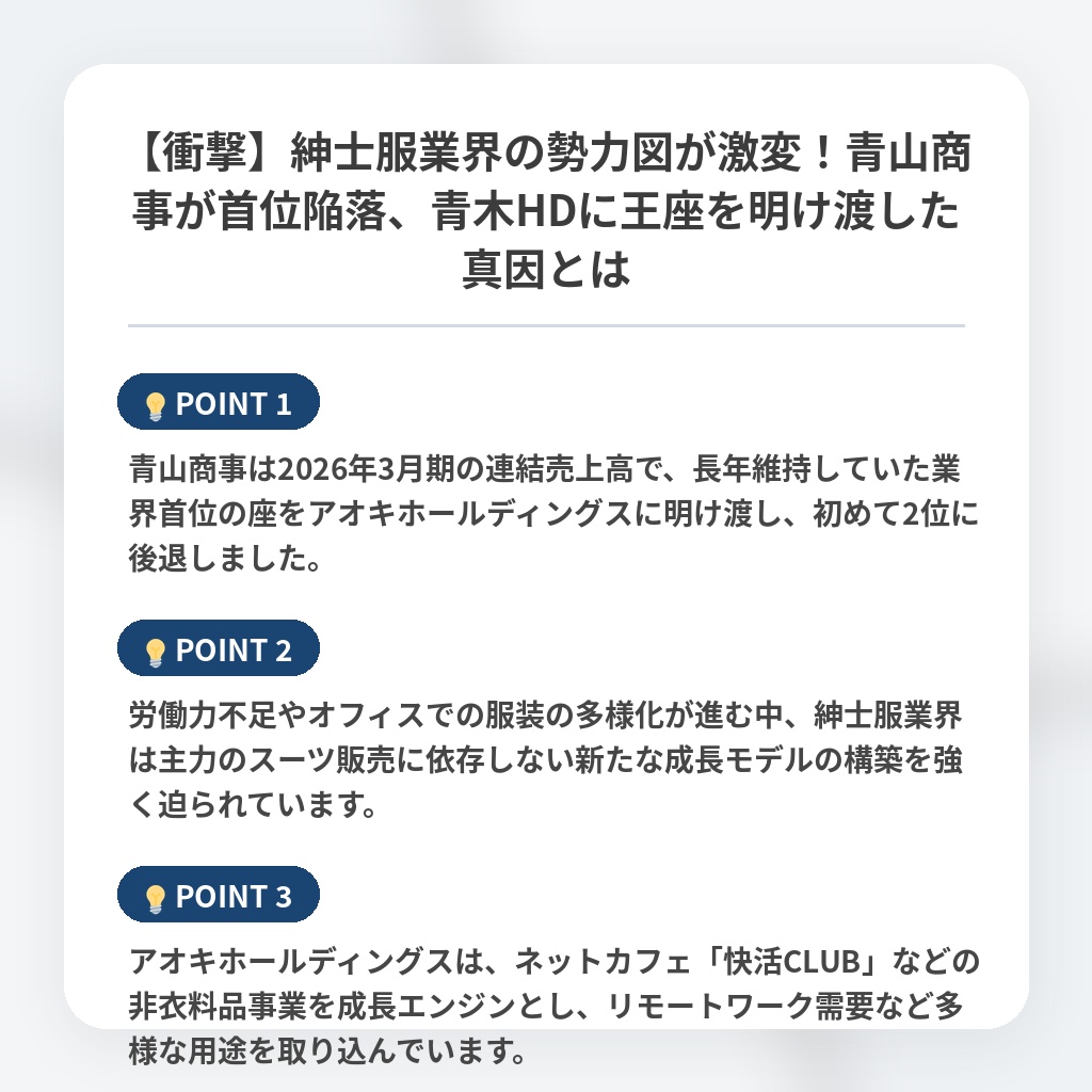 【衝撃】紳士服業界の勢力図が激変！青山商事が首位陥落、青木HDに王座を明け渡した真因とはの注目ポイントまとめ