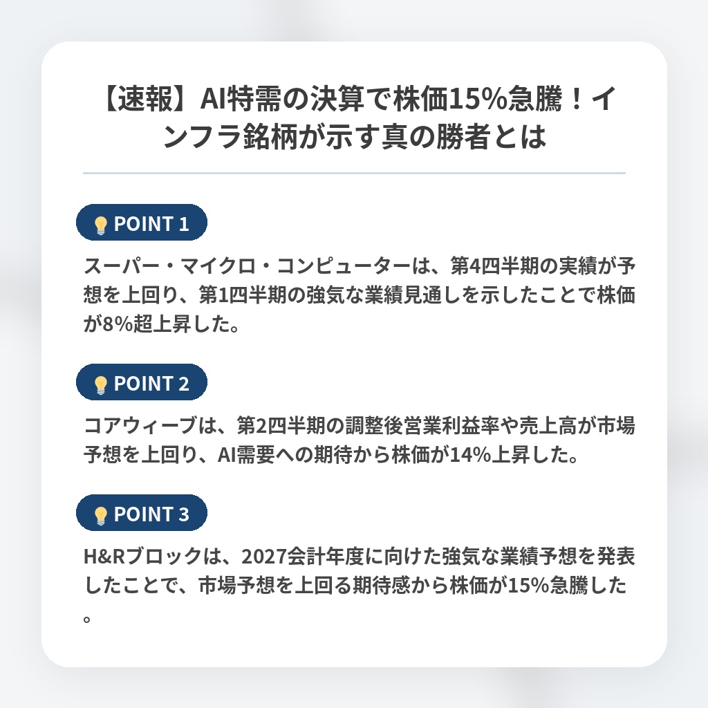 【速報】AI特需の決算で株価15%急騰！インフラ銘柄が示す真の勝者とはの注目ポイントまとめ