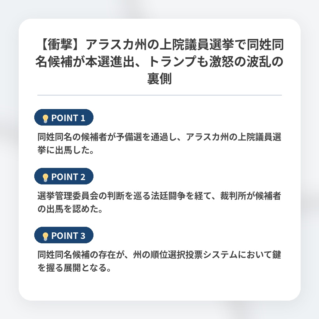 【衝撃】アラスカ州の上院議員選挙で同姓同名候補が本選進出、トランプも激怒の波乱の裏側の注目ポイントまとめ