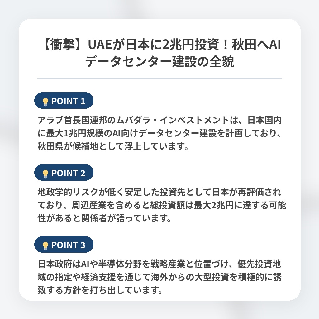 【衝撃】UAEが日本に2兆円投資!秋田へAIデータセンター建設の全貌の注目ポイントまとめ