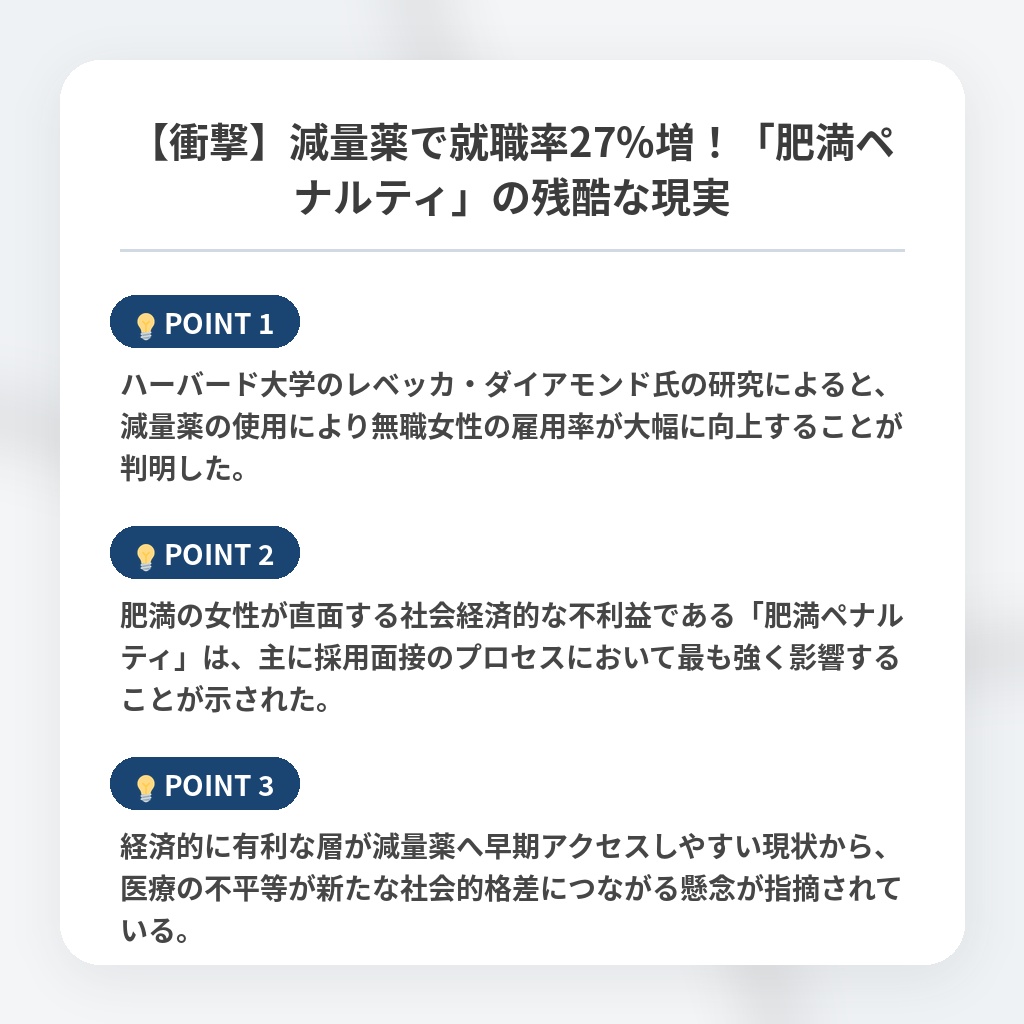 【衝撃】減量薬で就職率27%増！「肥満ペナルティ」の残酷な現実の注目ポイントまとめ