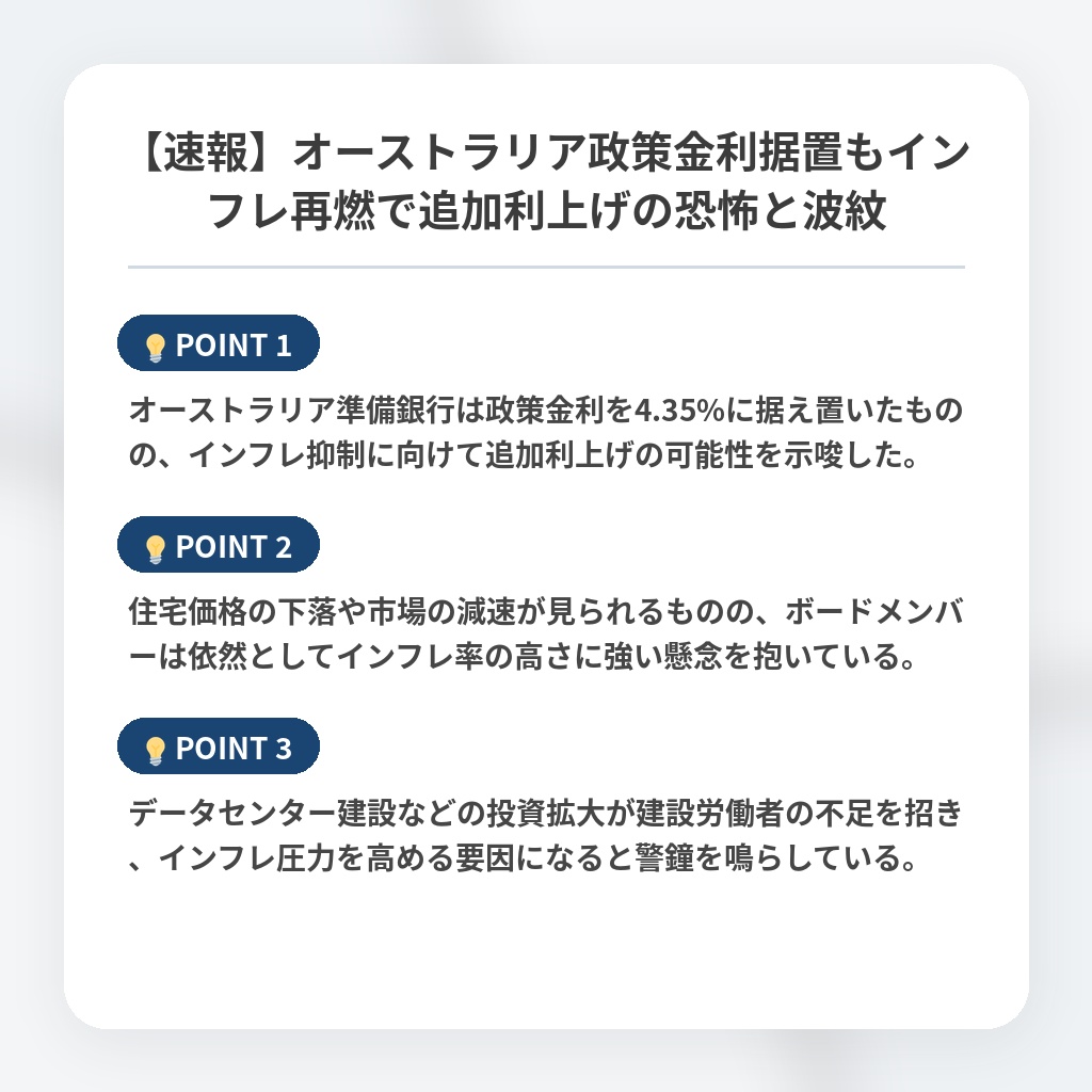 【速報】オーストラリア政策金利据置もインフレ再燃で追加利上げの恐怖と波紋の注目ポイントまとめ