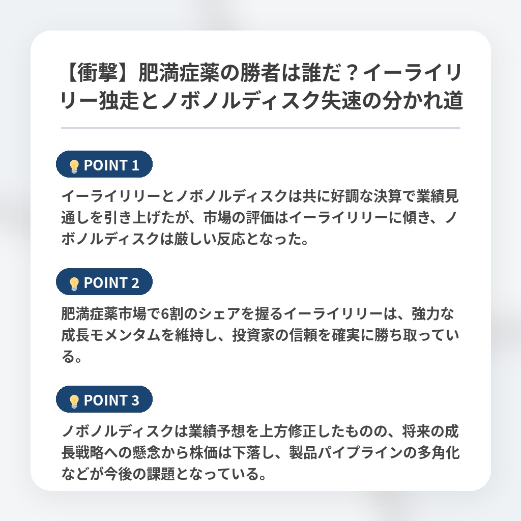 【衝撃】肥満症薬の勝者は誰だ？イーライリリー独走とノボノルディスク失速の分かれ道の注目ポイントまとめ