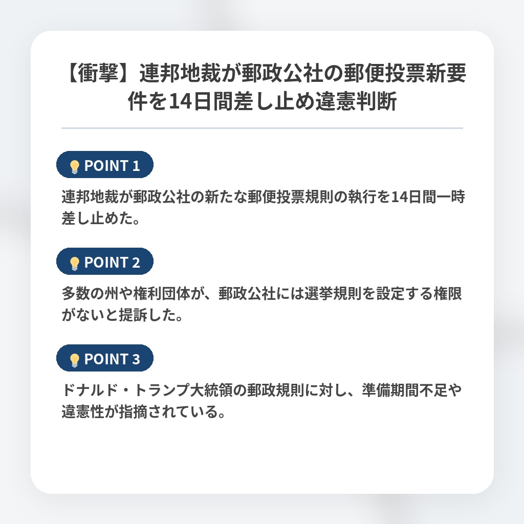【衝撃】連邦地裁が郵政公社の郵便投票新要件を14日間差し止め違憲判断の注目ポイントまとめ
