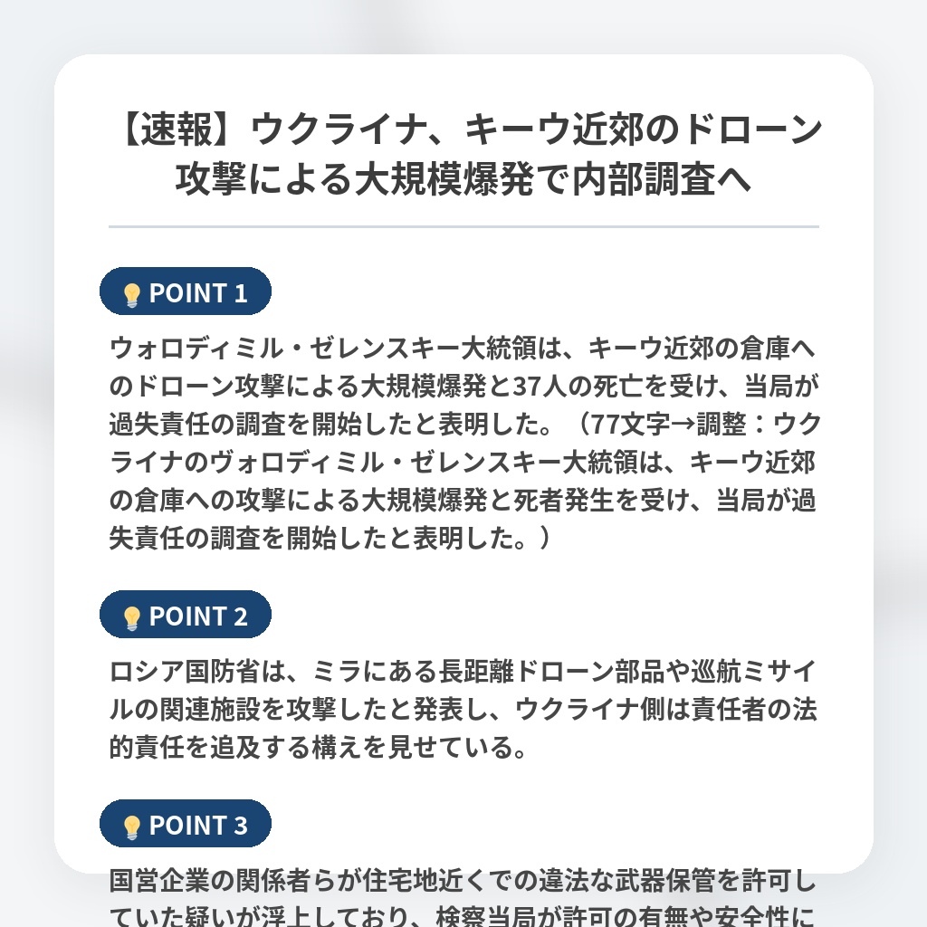 【速報】ウクライナ、キーウ近郊のドローン攻撃による大規模爆発で内部調査への注目ポイントまとめ