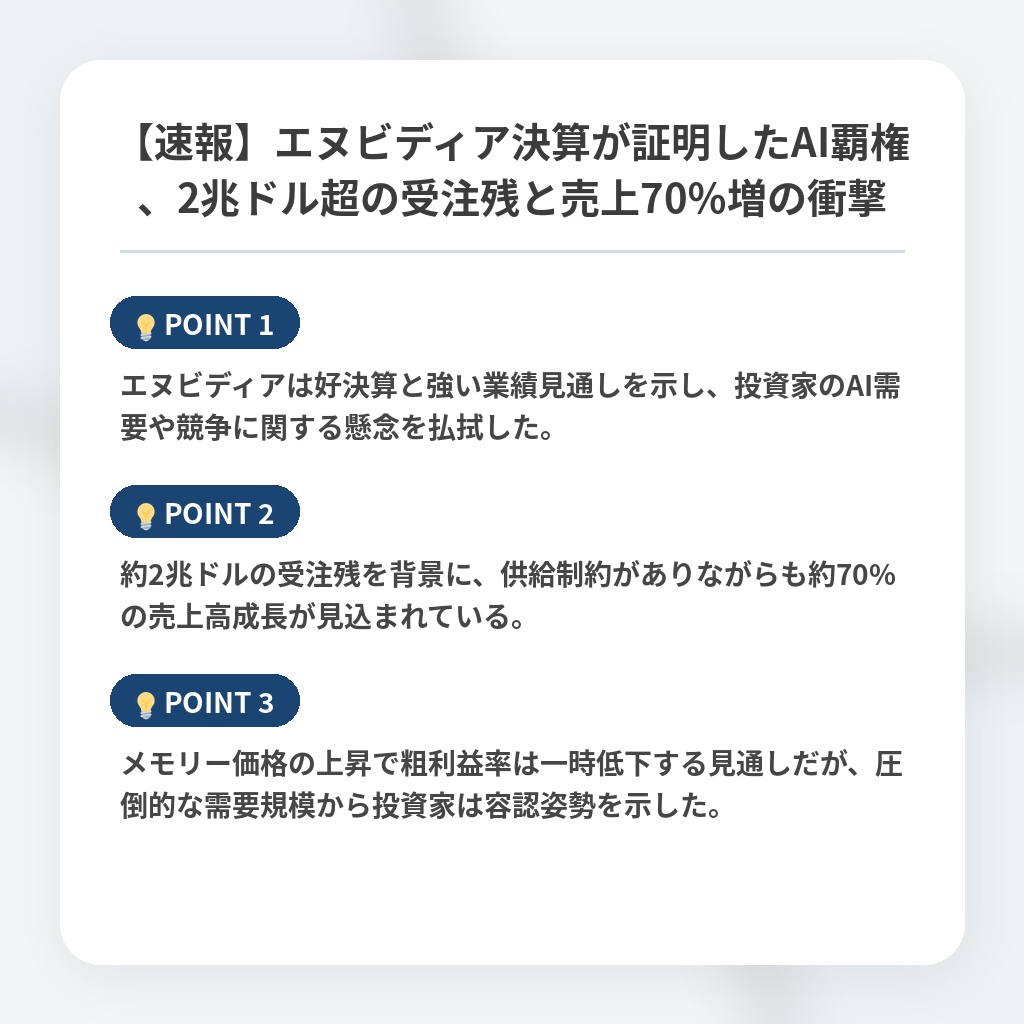 【速報】エヌビディア決算が証明したAI覇権、2兆ドル超の受注残と売上70％増の衝撃の注目ポイントまとめ