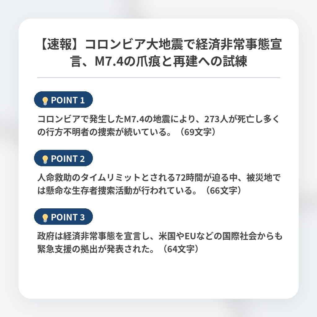 【速報】コロンビア大地震で経済非常事態宣言、M7.4の爪痕と再建への試練の注目ポイントまとめ