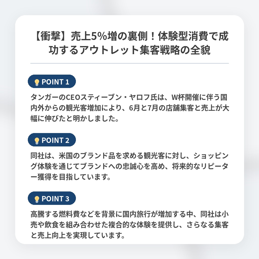 【衝撃】売上5％増の裏側！体験型消費で成功するアウトレット集客戦略の全貌の注目ポイントまとめ