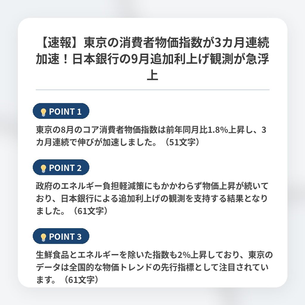 【速報】東京の消費者物価指数が3カ月連続加速！日本銀行の9月追加利上げ観測が急浮上の注目ポイントまとめ