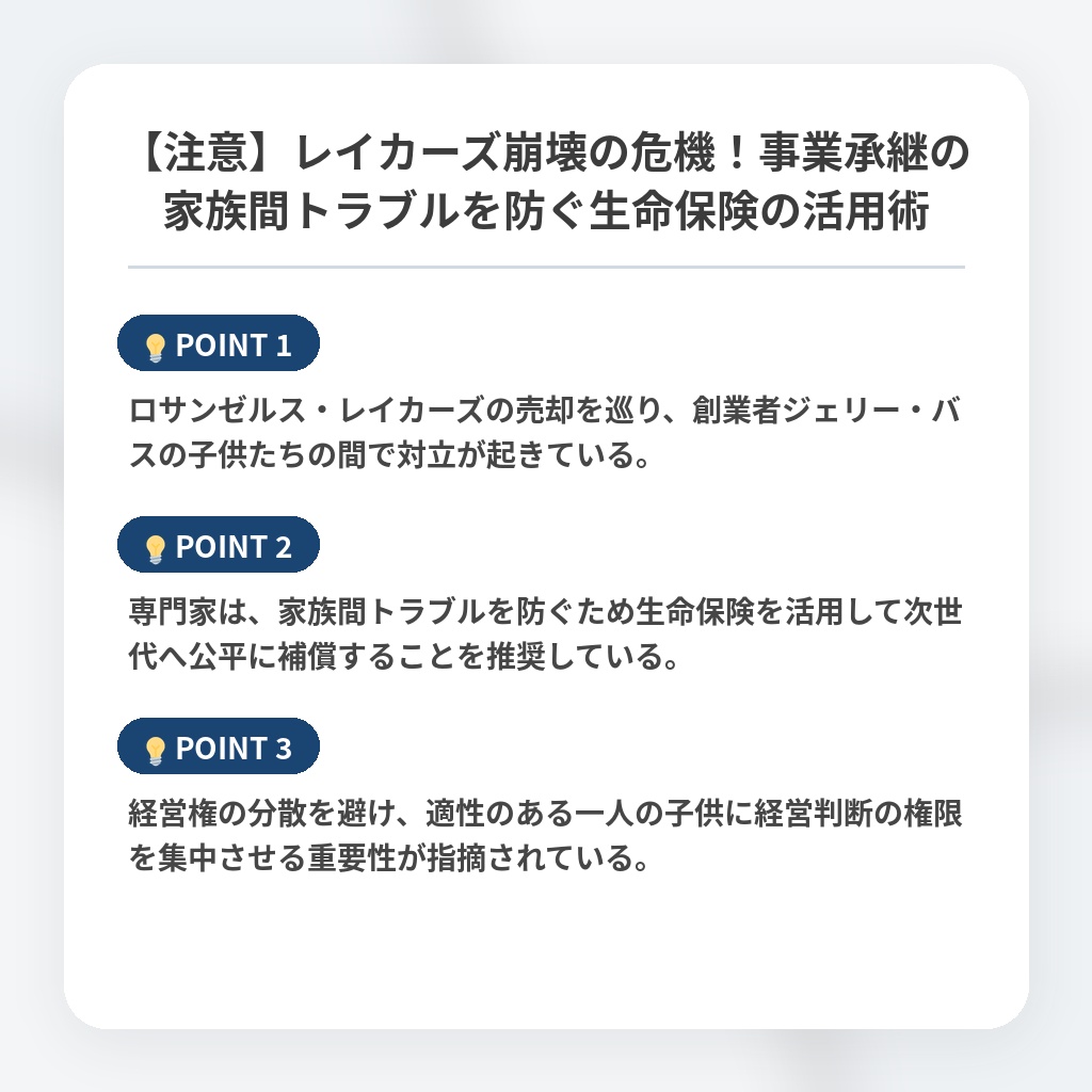 【注意】レイカーズ崩壊の危機！事業承継の家族間トラブルを防ぐ生命保険の活用術の注目ポイントまとめ