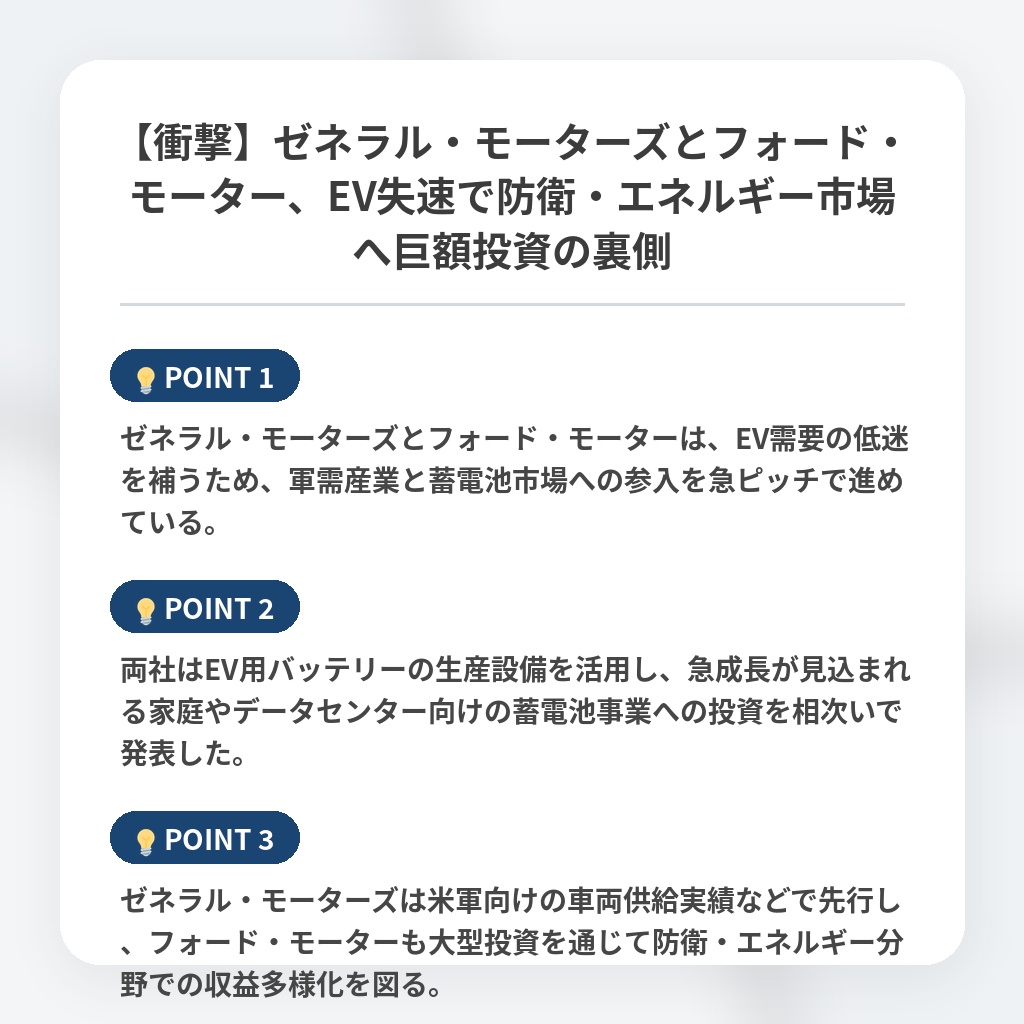 【衝撃】ゼネラル・モーターズとフォード・モーター、EV失速で防衛・エネルギー市場へ巨額投資の裏側の注目ポイントまとめ