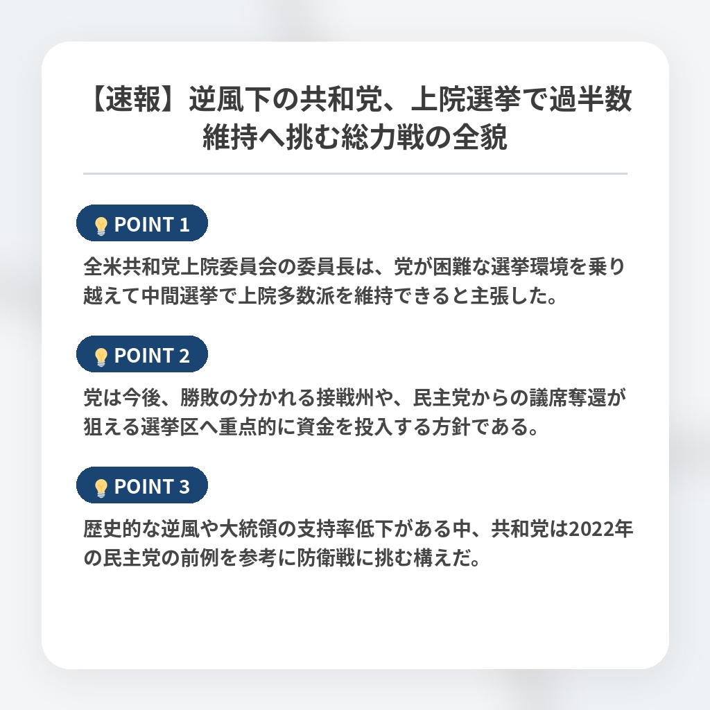 【速報】逆風下の共和党、上院選挙で過半数維持へ挑む総力戦の全貌の注目ポイントまとめ