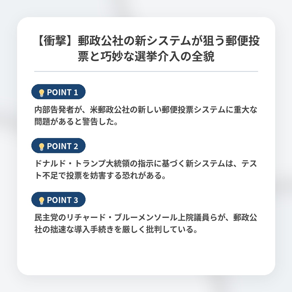 【衝撃】郵政公社の新システムが狙う郵便投票と巧妙な選挙介入の全貌の注目ポイントまとめ