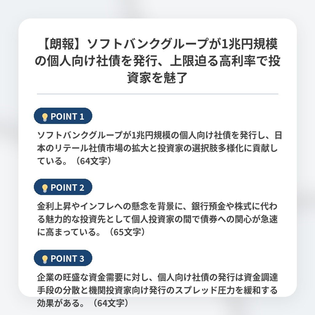 【朗報】ソフトバンクグループが1兆円規模の個人向け社債を発行、上限迫る高利率で投資家を魅了の注目ポイントまとめ