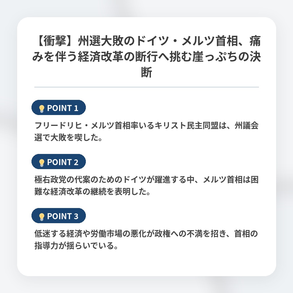 【衝撃】州選大敗のドイツ・メルツ首相、痛みを伴う経済改革の断行へ挑む崖っぷちの決断の注目ポイントまとめ