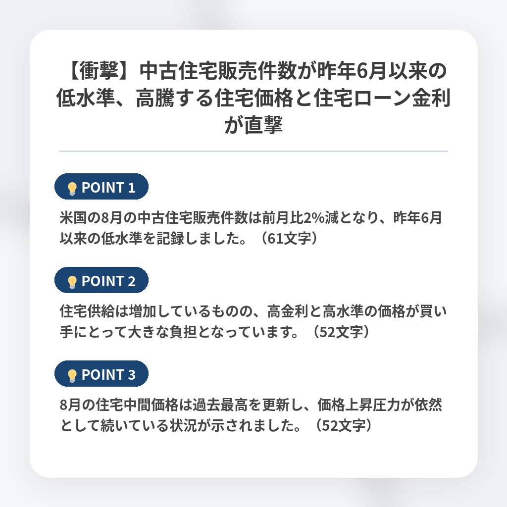 【衝撃】中古住宅販売件数が昨年6月以来の低水準、高騰する住宅価格と住宅ローン金利が直撃の注目ポイントまとめ