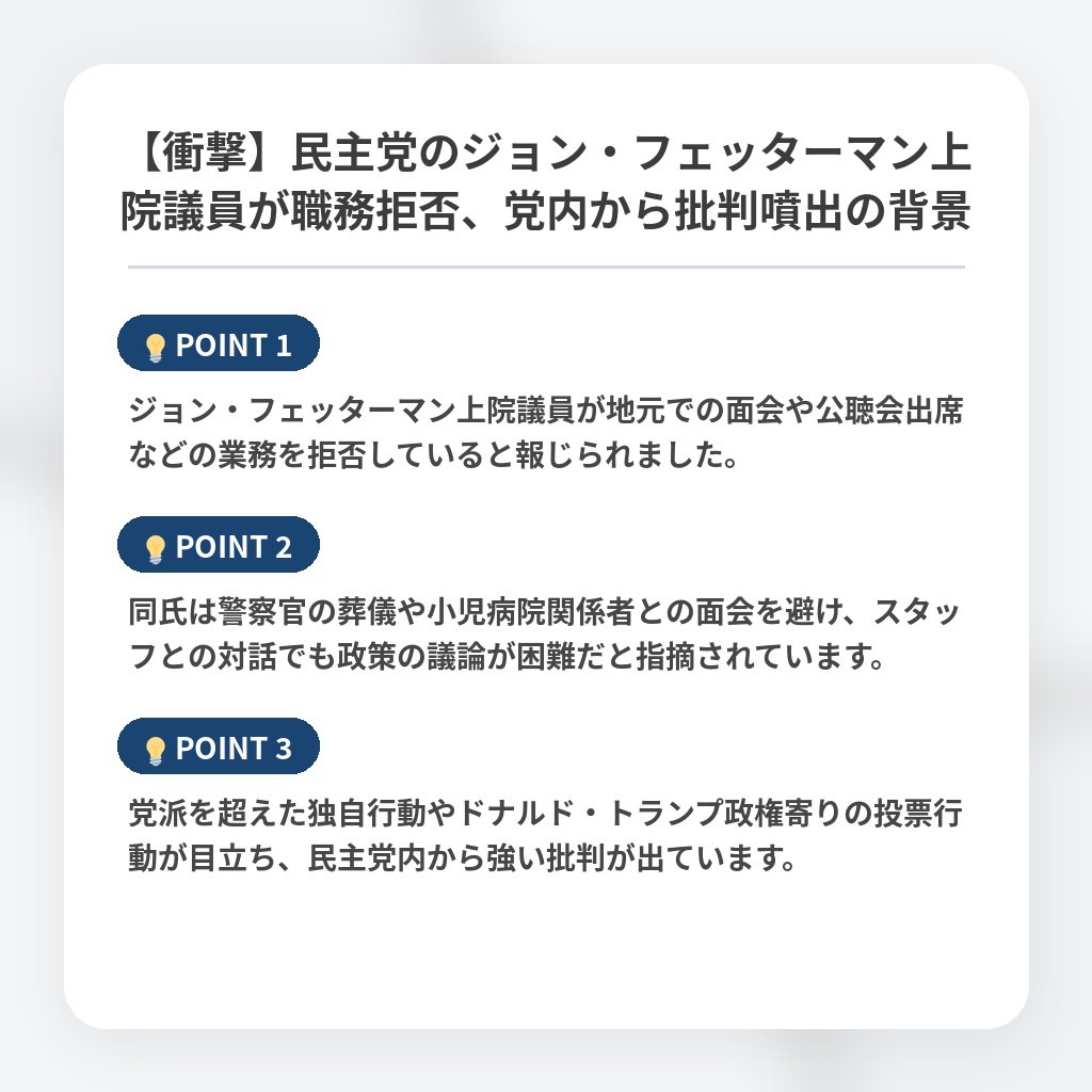 【衝撃】民主党のジョン・フェッターマン上院議員が職務拒否、党内から批判噴出の背景の注目ポイントまとめ
