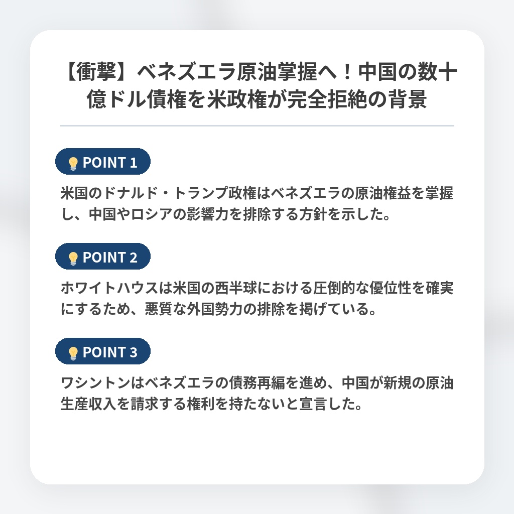 【衝撃】ベネズエラ原油掌握へ！中国の数十億ドル債権を米政権が完全拒絶の背景の注目ポイントまとめ