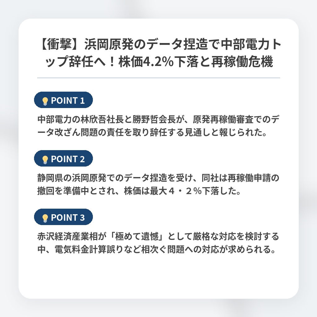 【衝撃】浜岡原発のデータ捏造で中部電力トップ辞任へ！株価4.2％下落と再稼働危機の注目ポイントまとめ