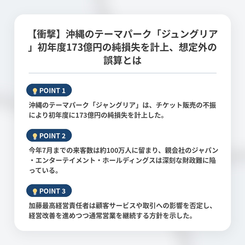 【衝撃】沖縄のテーマパーク「ジュングリア」初年度173億円の純損失を計上、想定外の誤算とはの注目ポイントまとめ