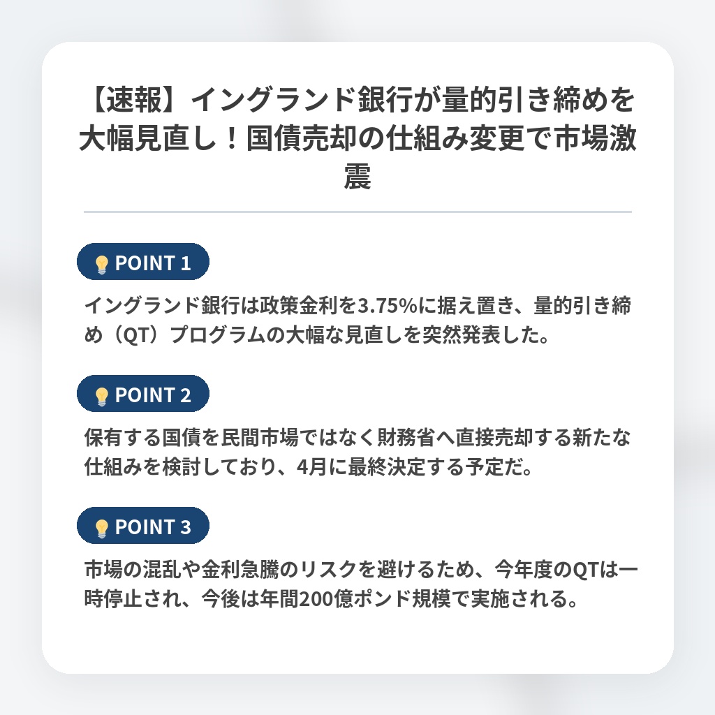 【速報】イングランド銀行が量的引き締めを大幅見直し！国債売却の仕組み変更で市場激震の注目ポイントまとめ