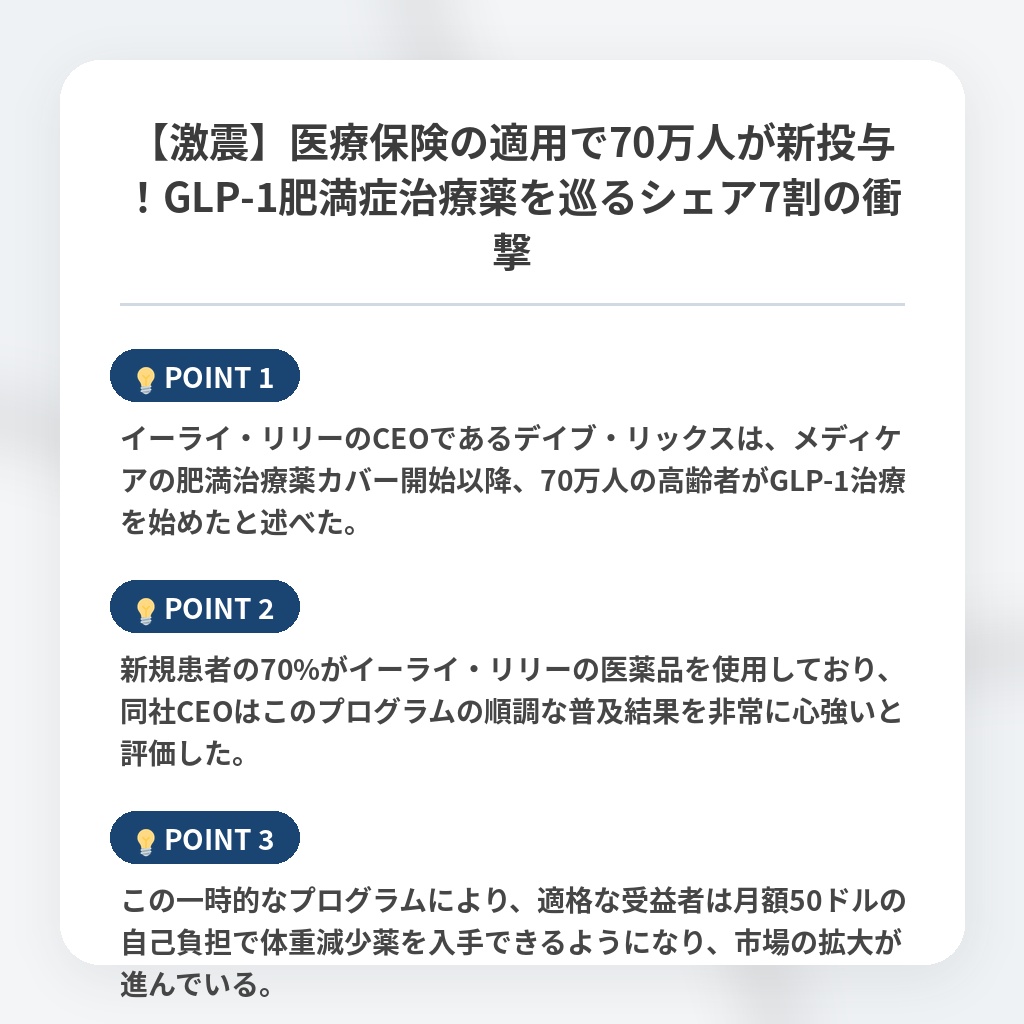 【激震】医療保険の適用で70万人が新投与！GLP-1肥満症治療薬を巡るシェア7割の衝撃の注目ポイントまとめ
