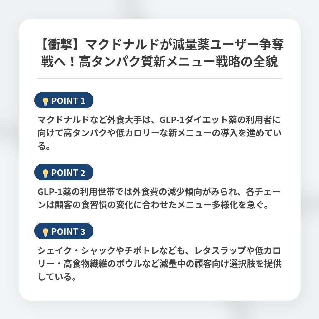 【衝撃】マクドナルドが減量薬ユーザー争奪戦へ!高タンパク質新メニュー戦略の全貌の注目ポイントまとめ