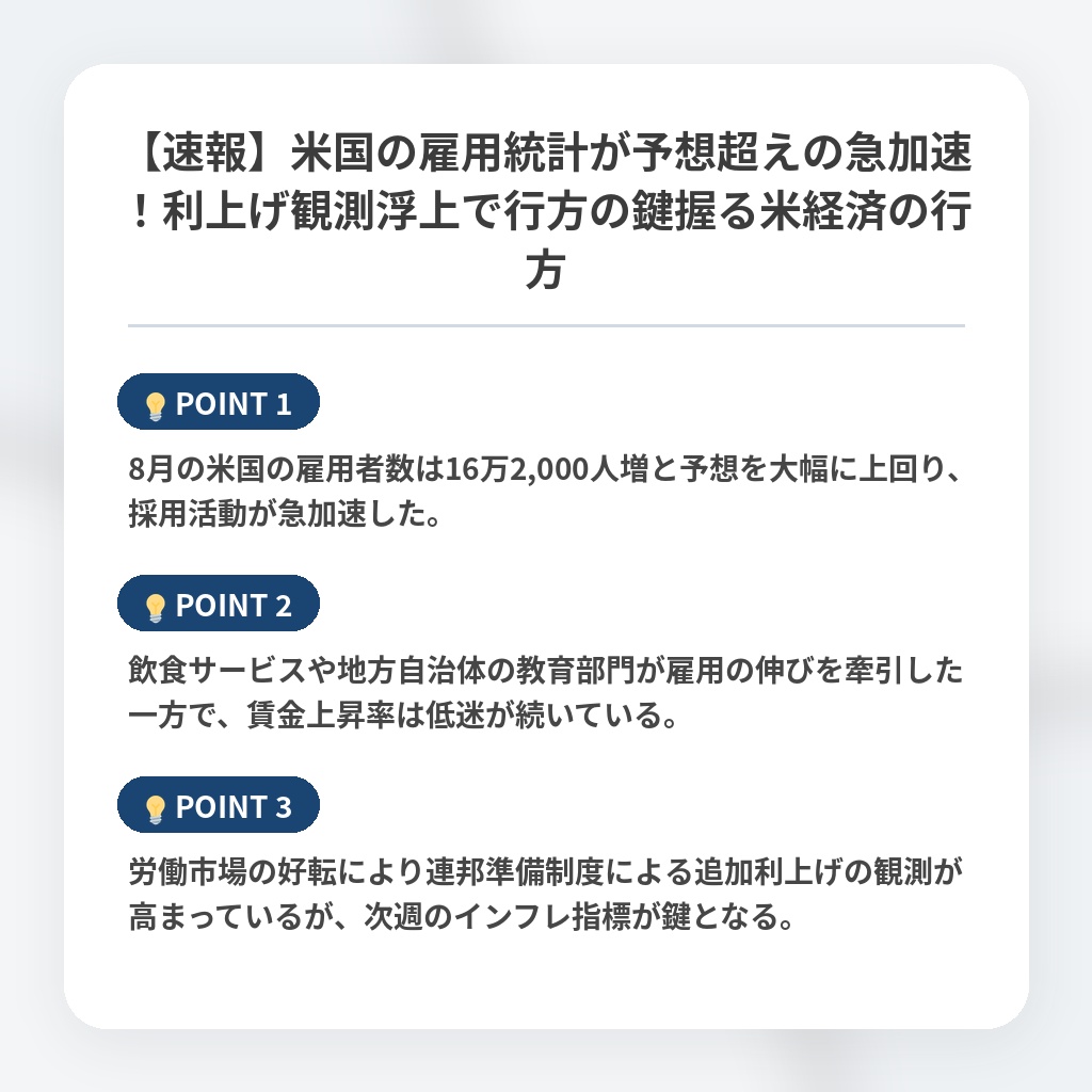 【速報】米国の雇用統計が予想超えの急加速!利上げ観測浮上で行方の鍵握る米経済の行方の注目ポイントまとめ