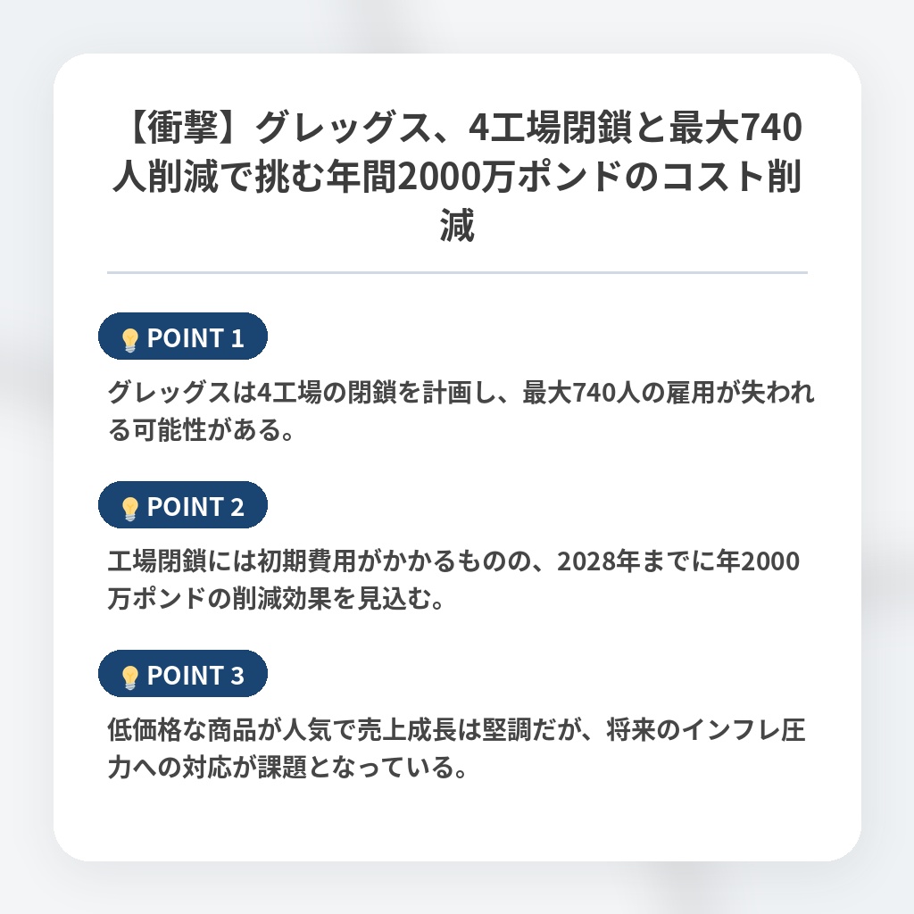 【衝撃】グレッグス、4工場閉鎖と最大740人削減で挑む年間2000万ポンドのコスト削減の注目ポイントまとめ