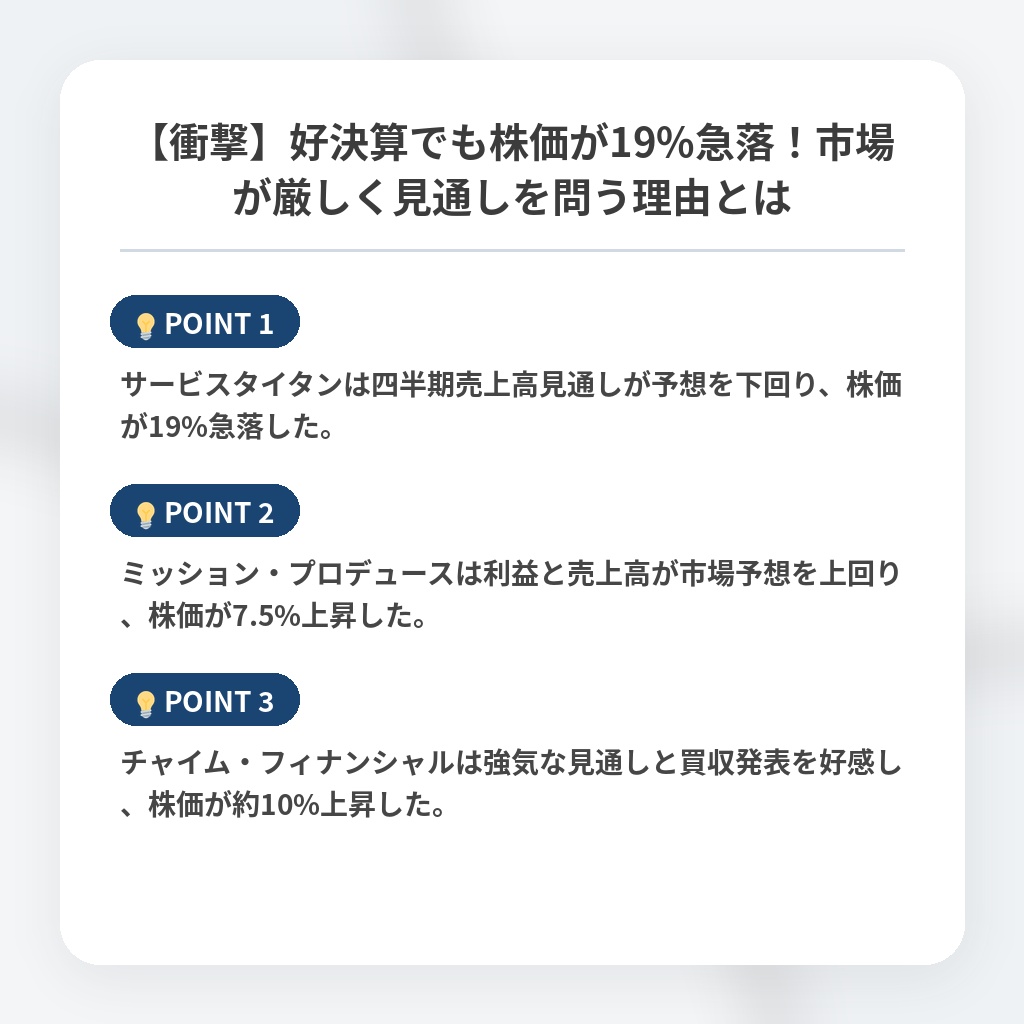 【衝撃】好決算でも株価が19%急落！市場が厳しく見通しを問う理由とはの注目ポイントまとめ