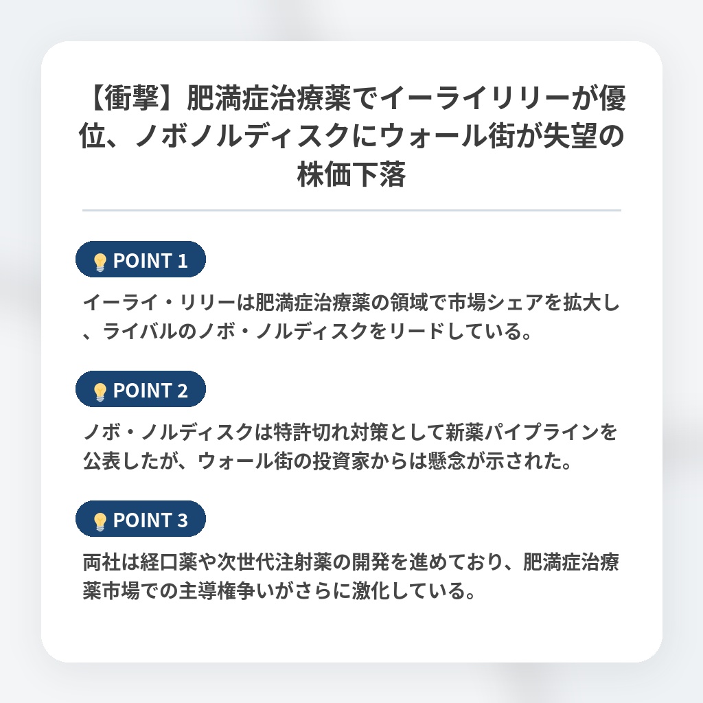 【衝撃】肥満症治療薬でイーライリリーが優位、ノボノルディスクにウォール街が失望の株価下落の注目ポイントまとめ