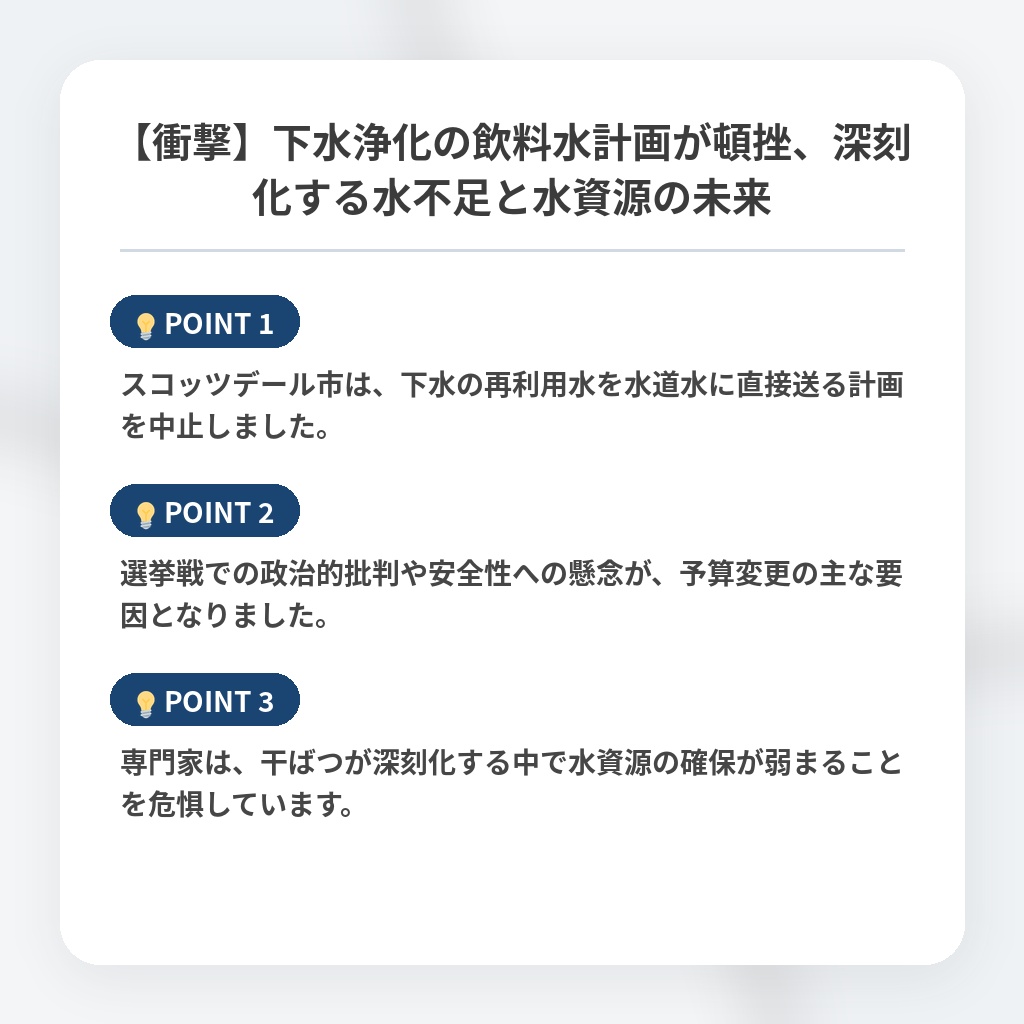 【衝撃】下水浄化の飲料水計画が頓挫、深刻化する水不足と水資源の未来の注目ポイントまとめ