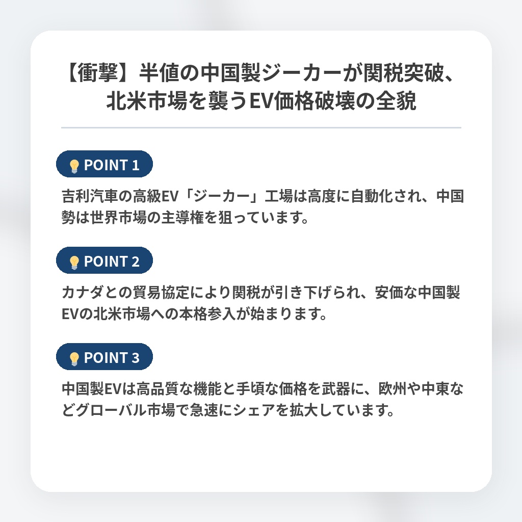 【衝撃】半値の中国製ジーカーが関税突破、北米市場を襲うEV価格破壊の全貌の注目ポイントまとめ