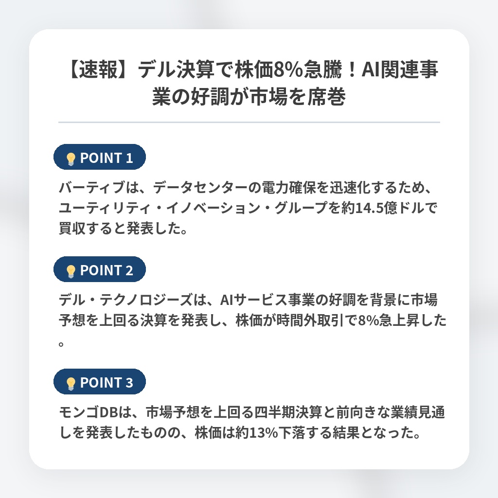 【速報】デル決算で株価8%急騰！AI関連事業の好調が市場を席巻の注目ポイントまとめ