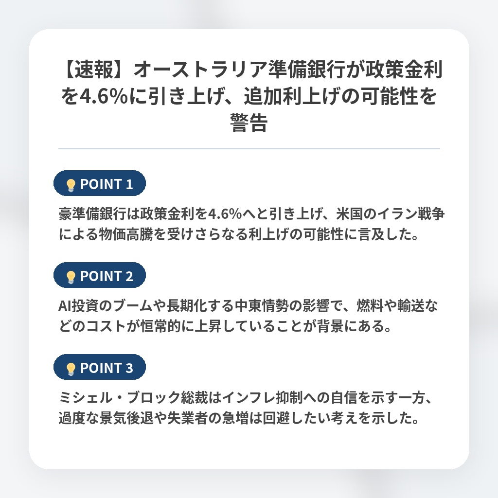 【速報】オーストラリア準備銀行が政策金利を4.6％に引き上げ、追加利上げの可能性を警告の注目ポイントまとめ