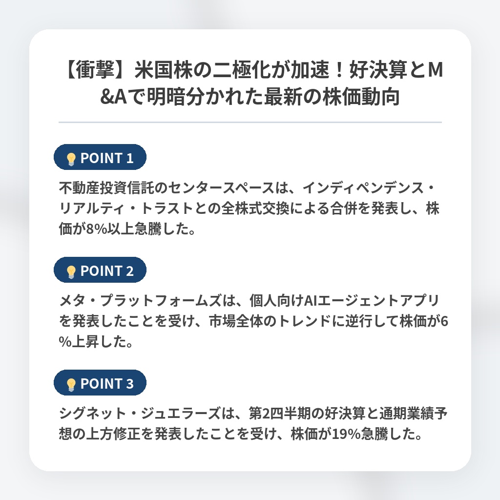 【衝撃】米国株の二極化が加速！好決算とM&Aで明暗分かれた最新の株価動向の注目ポイントまとめ