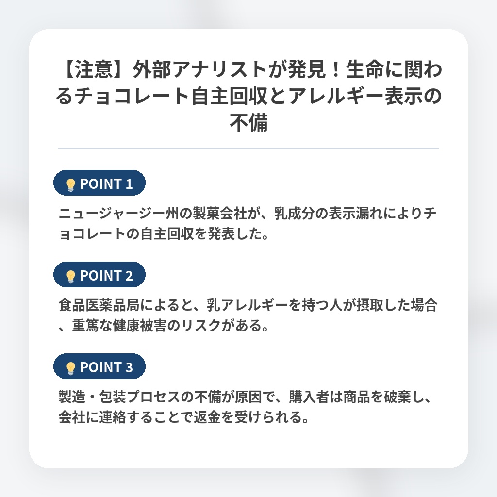 【注意】外部アナリストが発見！生命に関わるチョコレート自主回収とアレルギー表示の不備の注目ポイントまとめ
