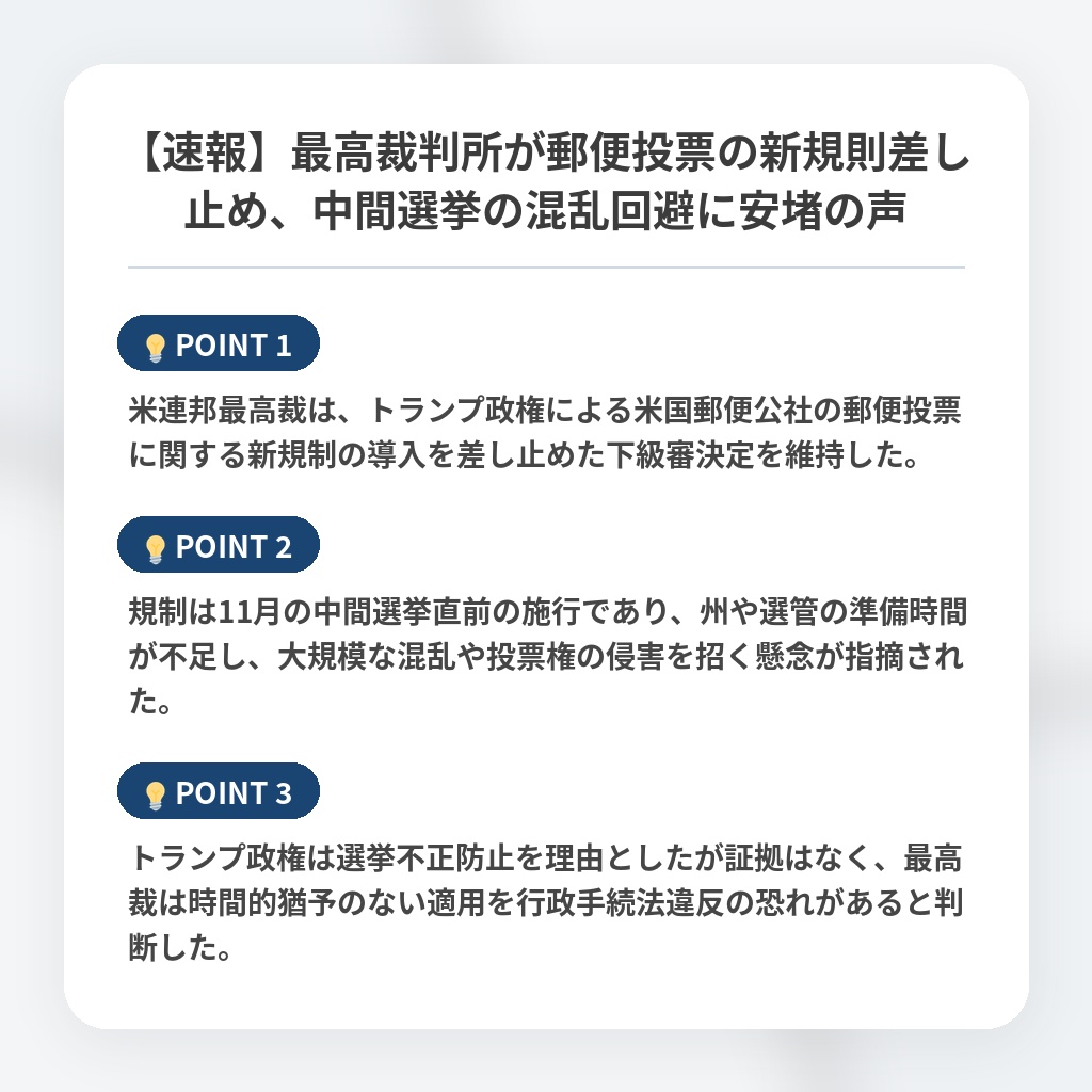 【速報】最高裁判所が郵便投票の新規則差し止め、中間選挙の混乱回避に安堵の声の注目ポイントまとめ
