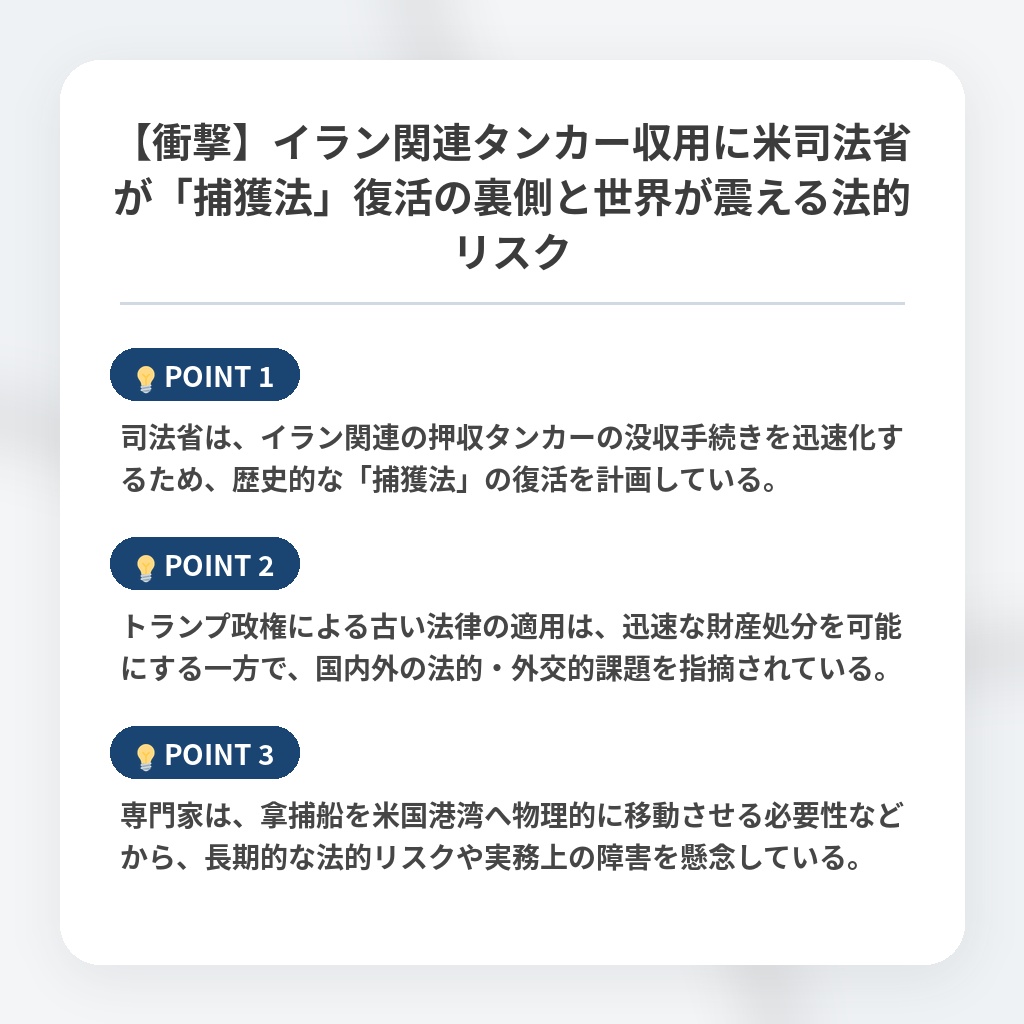 【衝撃】イラン関連タンカー収用に米司法省が「捕獲法」復活の裏側と世界が震える法的リスクの注目ポイントまとめ